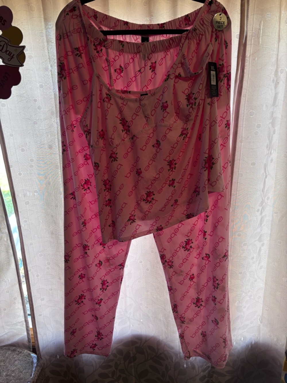 BEBE Pink Floral & Script Two-Piece Pajama Set